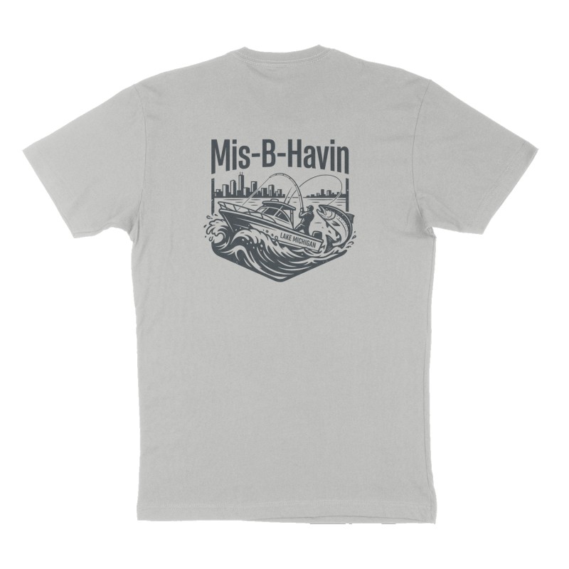 Custom t-shirt: "Mis-B-Havin", Back print, heather-gray shirt