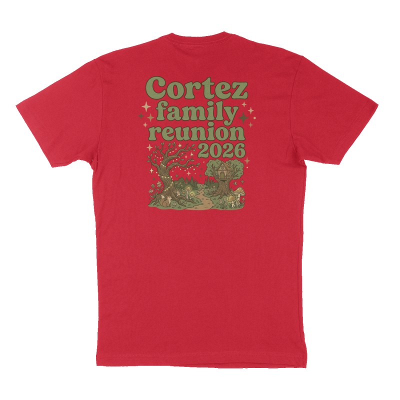 Custom t-shirt: "Cortez family reunion 2026", Back print, red shirt
