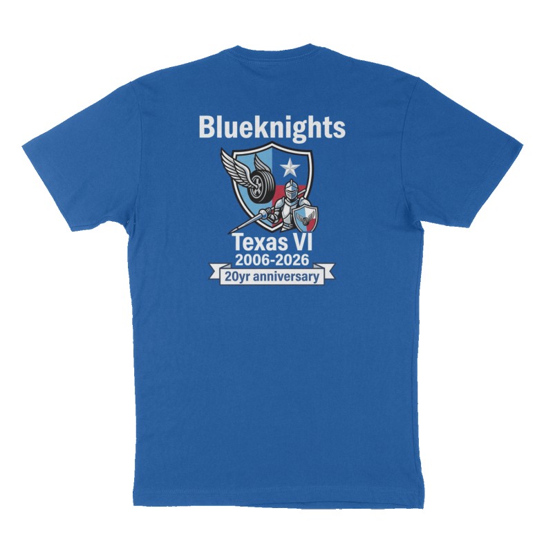 Custom t-shirt: "Blueknights Texas VI 2006-2026 20yr anniversary ", Back print, royal-blue shirt