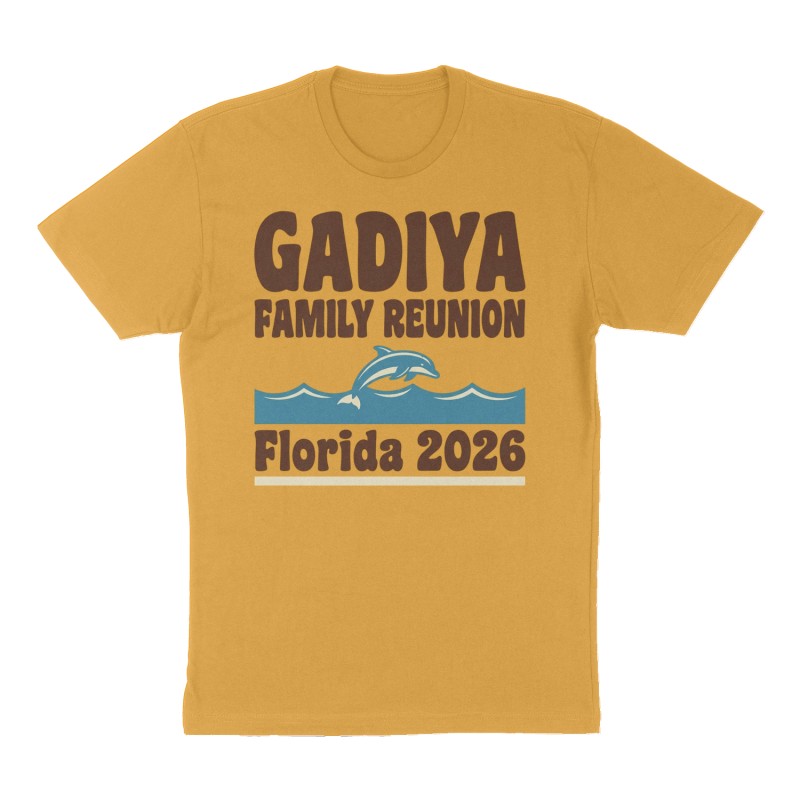 Custom t-shirt: "Gadiya Family Reunion", mustard-yellow shirt