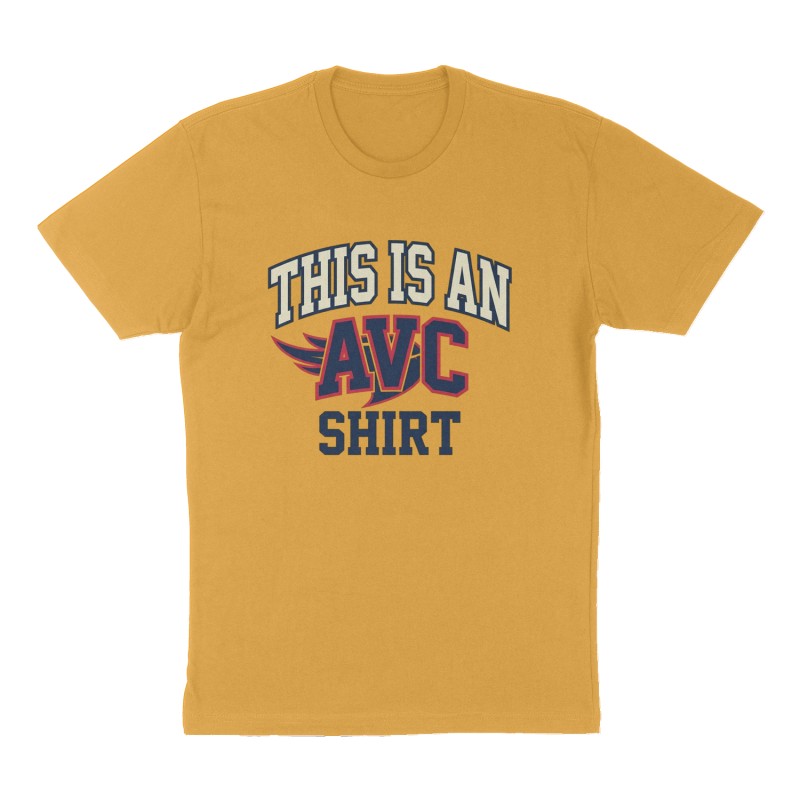 Custom t-shirt: "This is an AVC shirt", Front print, mustard-yellow shirt