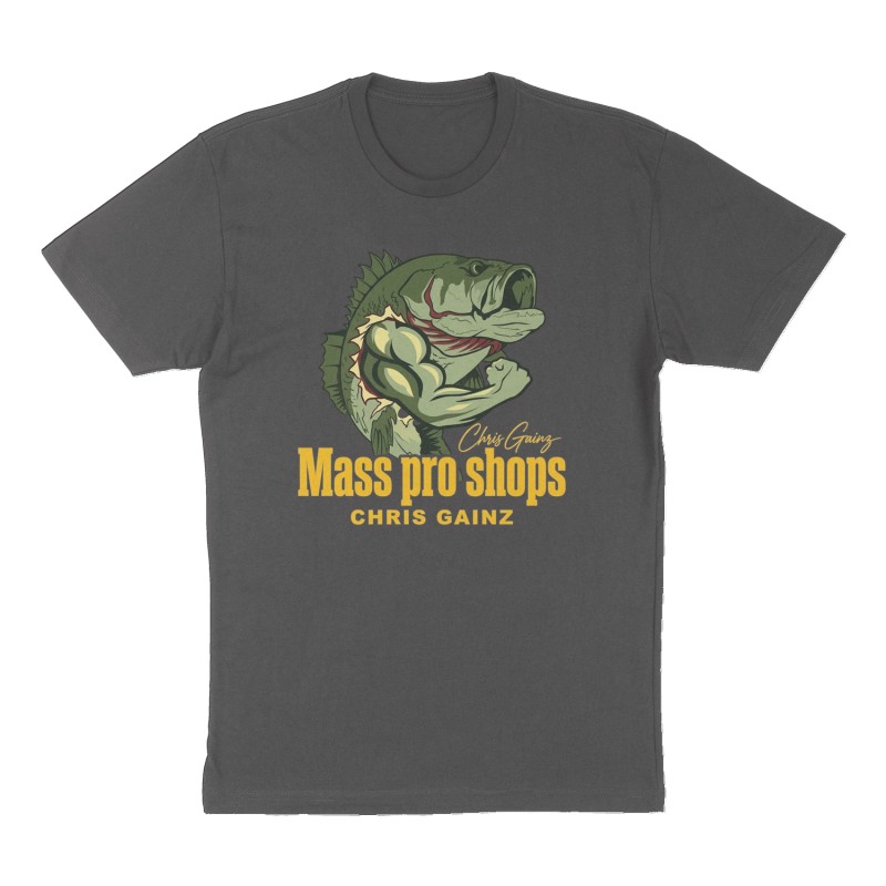 Custom t-shirt: "Mass pro shops", Front print, charcoal shirt