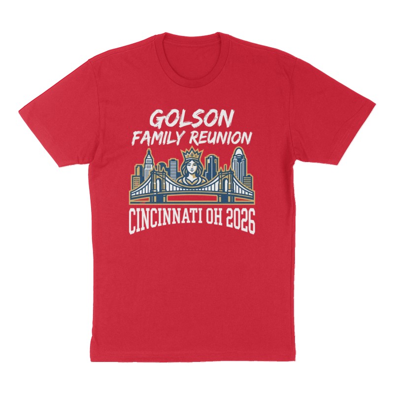 Custom t-shirt: "Golson Family Reunion Cincinnati OH 2026", Front print, red shirt