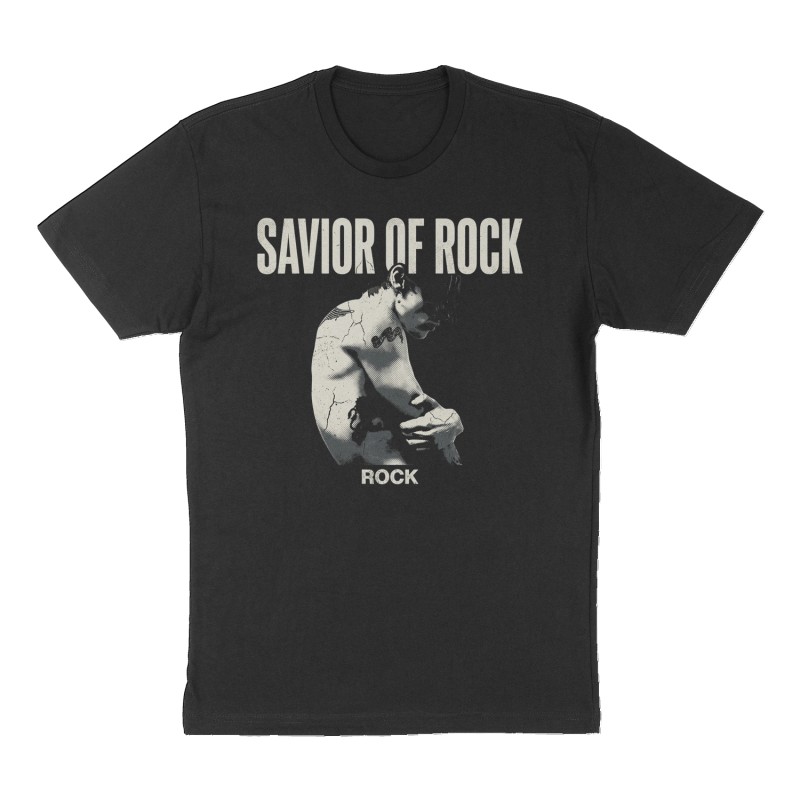 Custom t-shirt: "SAVIOR OF ROCK", Front print, black shirt