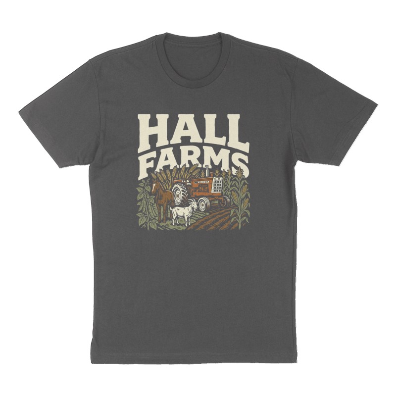 Custom t-shirt: "Hall Farms", Front print, charcoal shirt