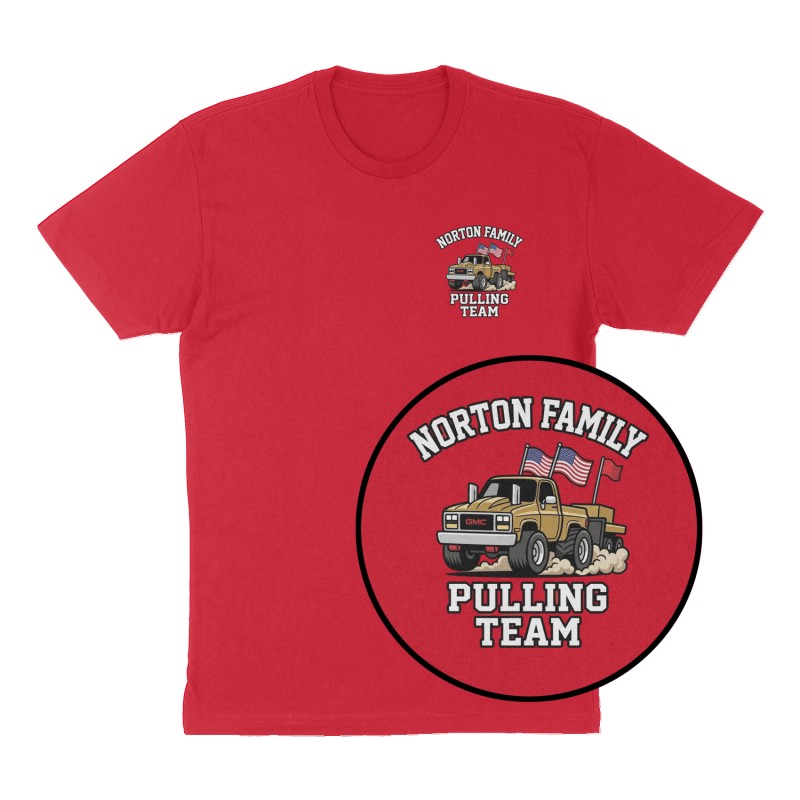 Custom t-shirt: "Norton Family Pulling Team", Left Chest print, red shirt