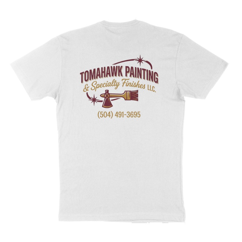 Custom t-shirt: "Tomahawk Painting & Specialty Finishes LLC.", Back print, white shirt