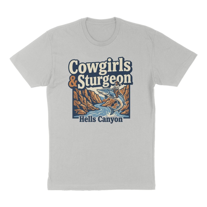 Custom t-shirt: "Cowgirls & Sturgeon", Front print, heather-gray shirt