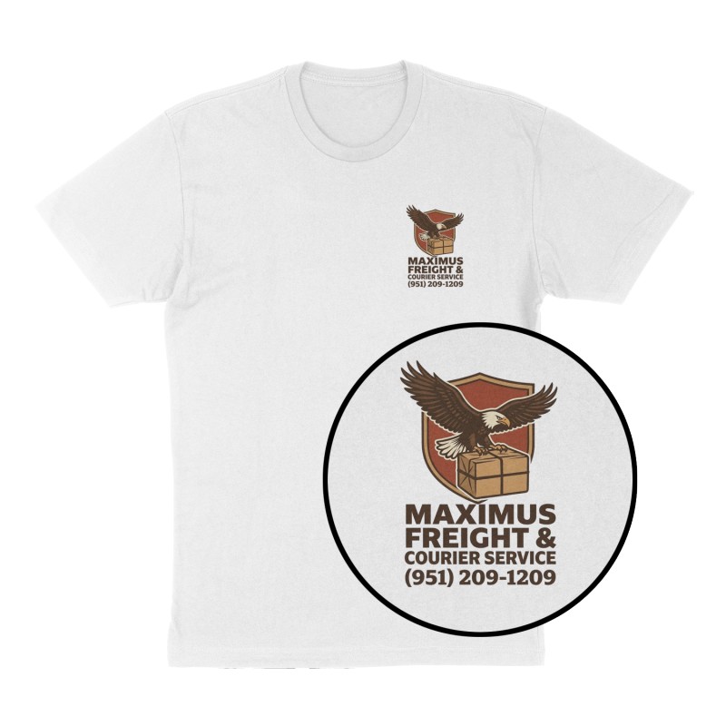 Custom t-shirt: "Maximus Freight & Courier Service ", Left Chest print, white shirt