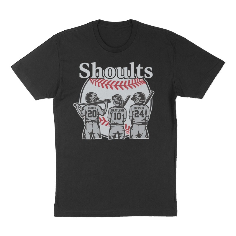Custom t-shirt: "Shoults", Front print, black shirt