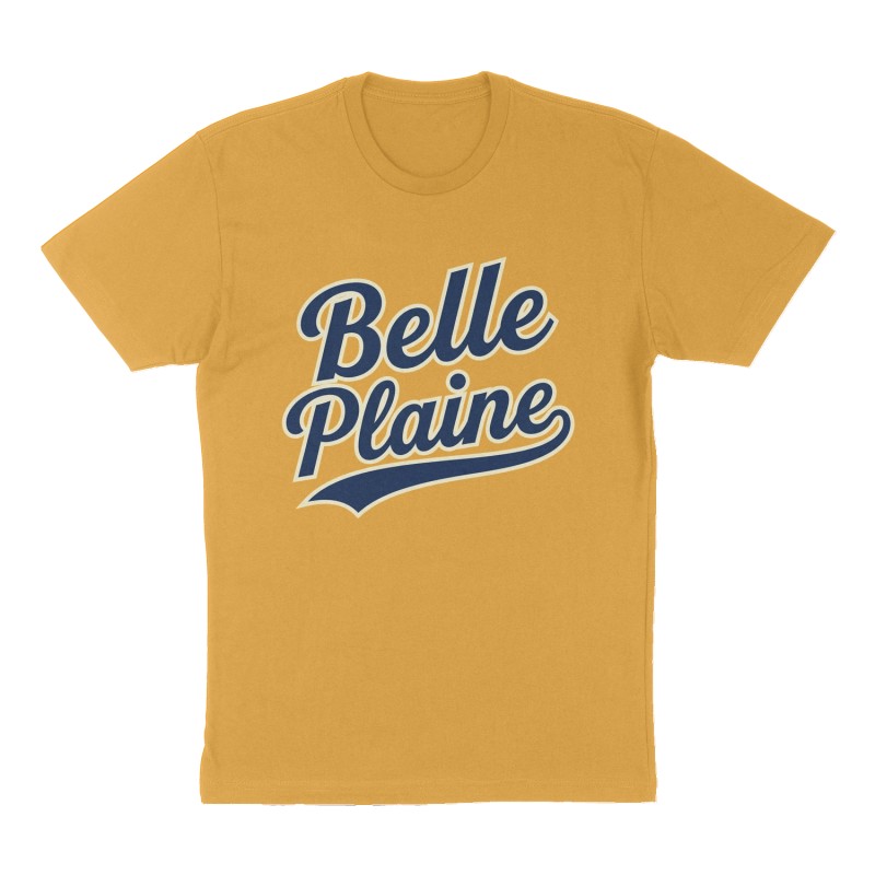 Custom t-shirt: "Belle Plaine", Front print, mustard-yellow shirt