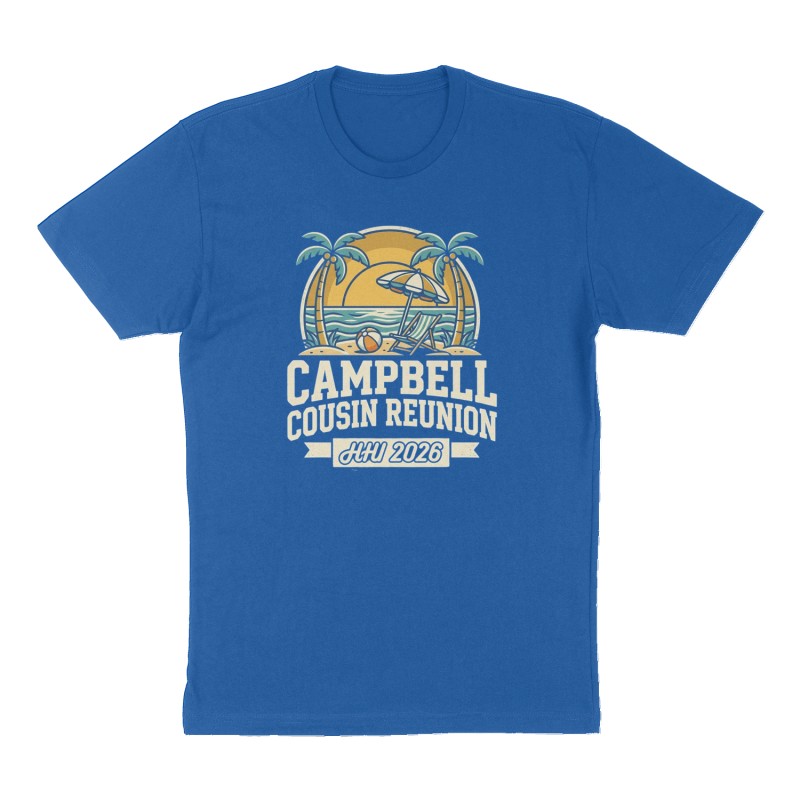 Custom t-shirt: "Campbell Cousin Reunion", Front print, royal-blue shirt