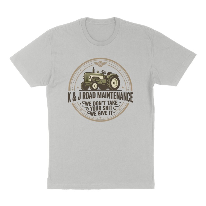 Attached design: "K & J Road Maintenance ", Front print, charcoal shirt