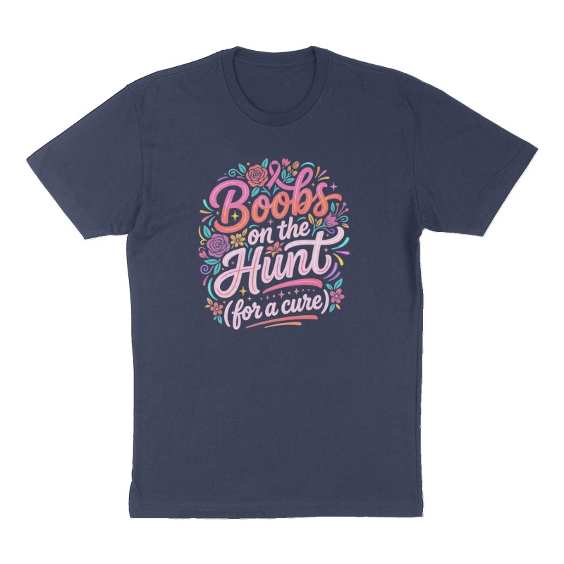 Custom t-shirt: "Boobs on the Hunt (for a cure)", Front print, navy shirt