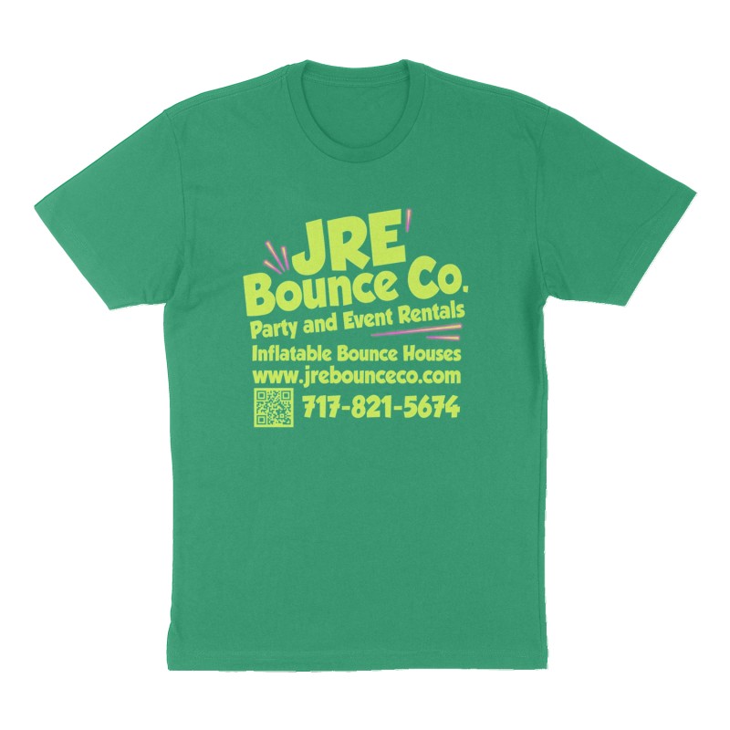 Custom t-shirt: "JRE Bounce Co.", Front print, green shirt