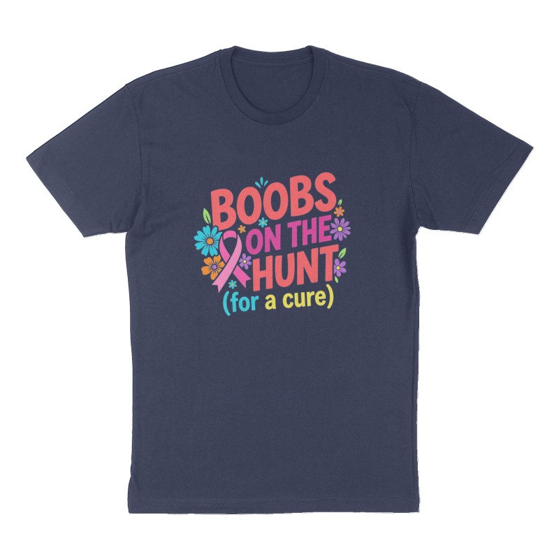 Custom t-shirt: "Boobs on the Hunt (for a cure)", Front print, navy shirt