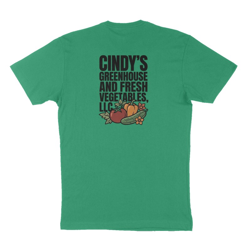 Custom t-shirt: "Cindy’s Greenhouse and Fresh Vegetables, LLC", Back print, green shirt