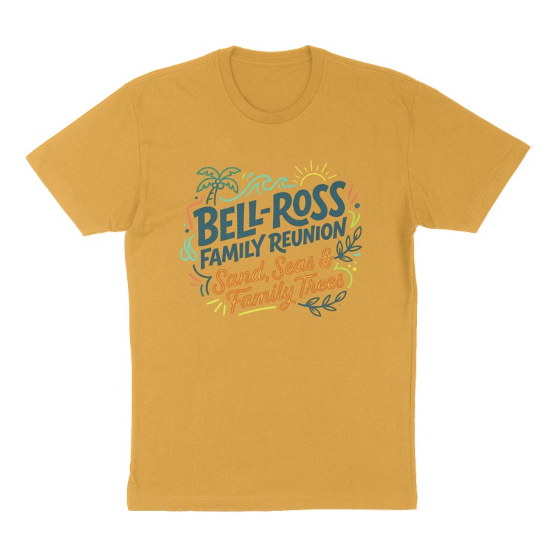 Custom t-shirt: "Bell-Ross Family Reunion", Front print, mustard-yellow shirt
