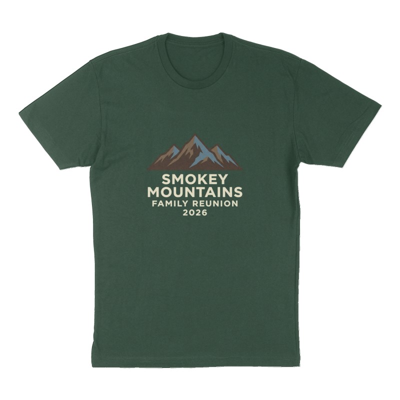 Custom t-shirt: "Smokey mountains family reunion 2026", Front print, forest-green shirt