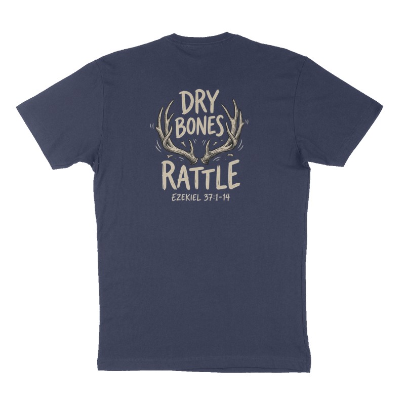 Custom t-shirt: "Dry Bones Rattle ", Back print, navy shirt