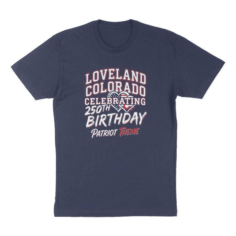 Custom t-shirt: "Loveland Colorado celebrating 250th Birthday ", Front print, navy shirt