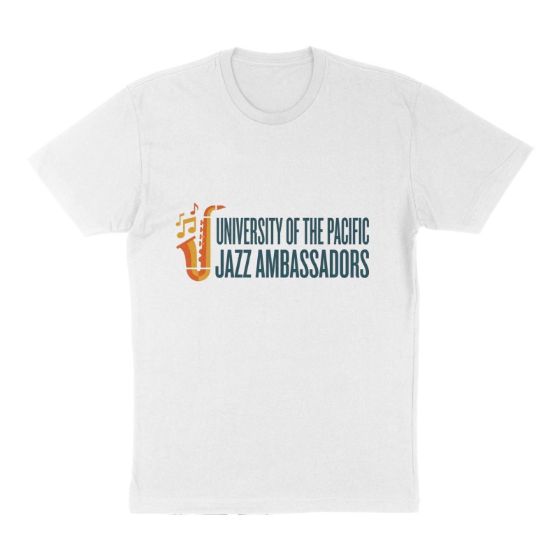 Custom t-shirt: "University of the Pacific Jazz Ambassadors", Front print, white shirt
