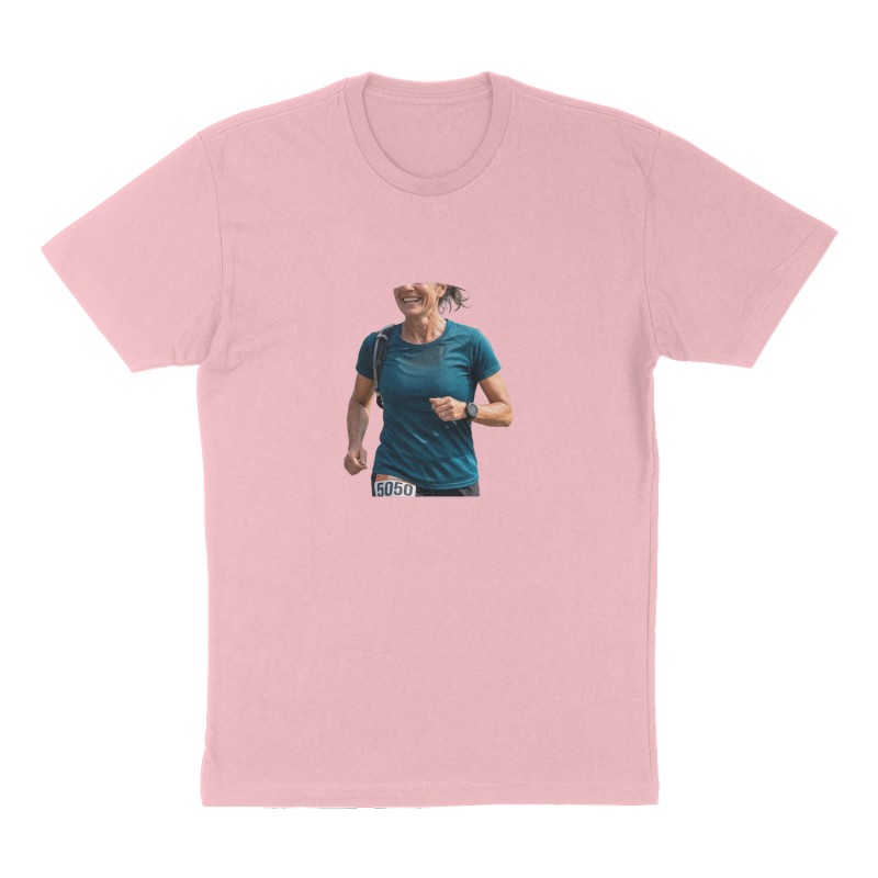 Custom t-shirt: "Running a 50 K for my 50th birthday", Front print, pink shirt