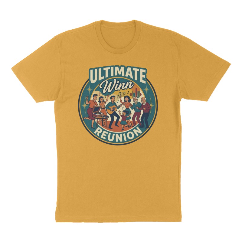 Custom t-shirt: "Ultimate Winn Reunion", Front print, mustard-yellow shirt