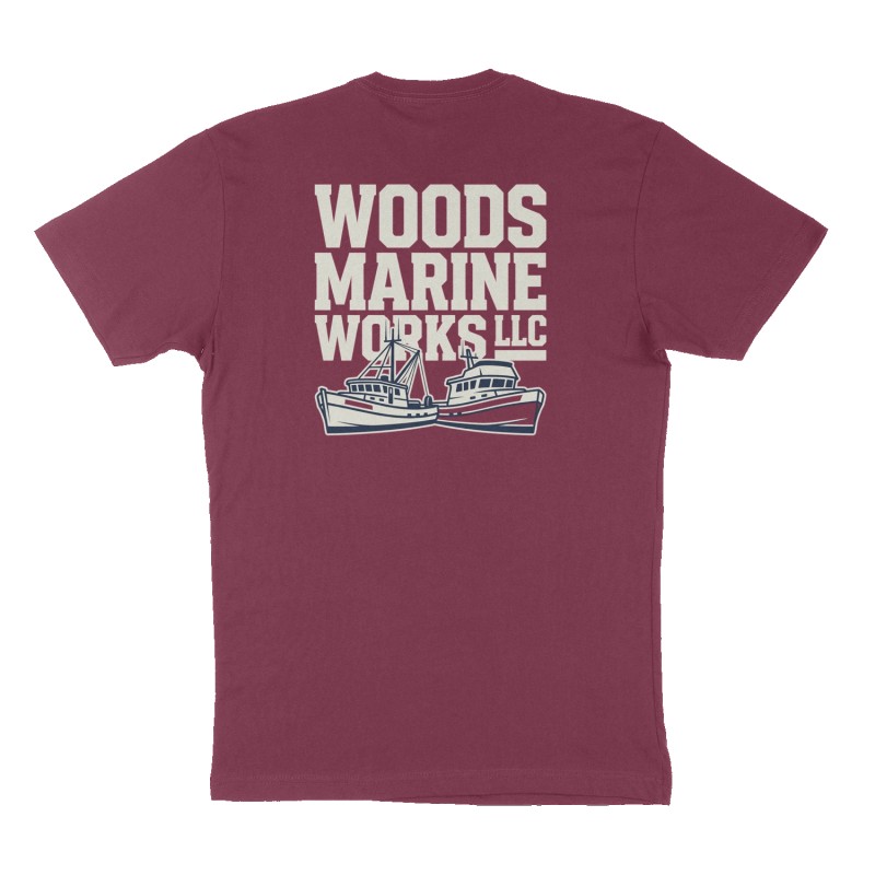 Custom t-shirt: "Woods Marine Works LLC", Back print, maroon shirt