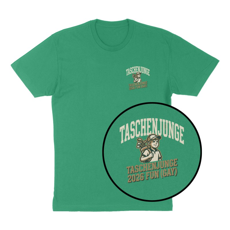 Custom t-shirt: "Taschenjunge", Left Chest print, green shirt