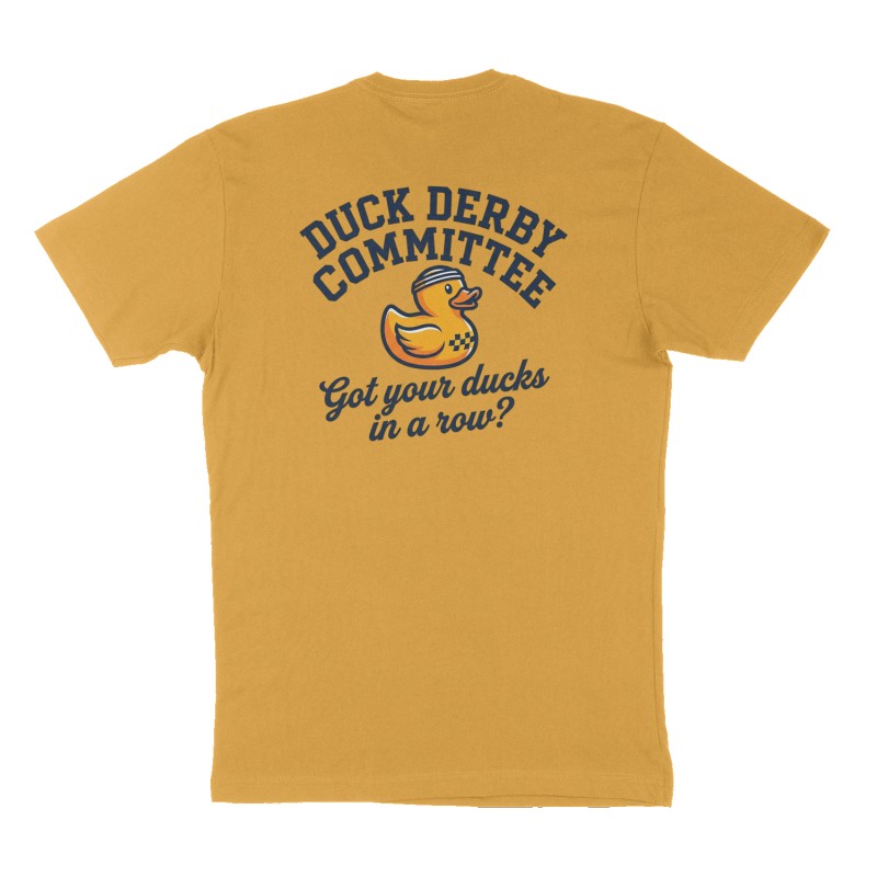 Custom t-shirt: "Duck Derby Committee", Back print, mustard-yellow shirt