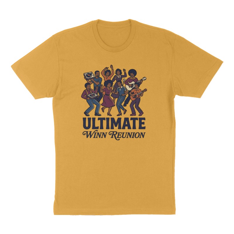 Custom t-shirt: "Ultimate Winn Reunion", Front print, mustard-yellow shirt