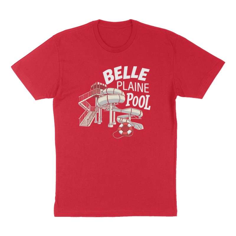 Custom t-shirt: "BELLE PLAINE POOL", Front print, red shirt