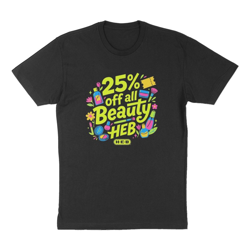 Custom t-shirt: "25% off all Beauty", Front print, black shirt