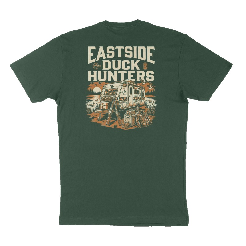 Custom t-shirt: "Eastside duck hunters", Back print, forest-green shirt
