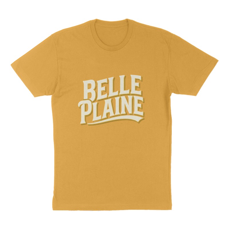 Custom t-shirt: "Belle Plaine", Front print, mustard-yellow shirt