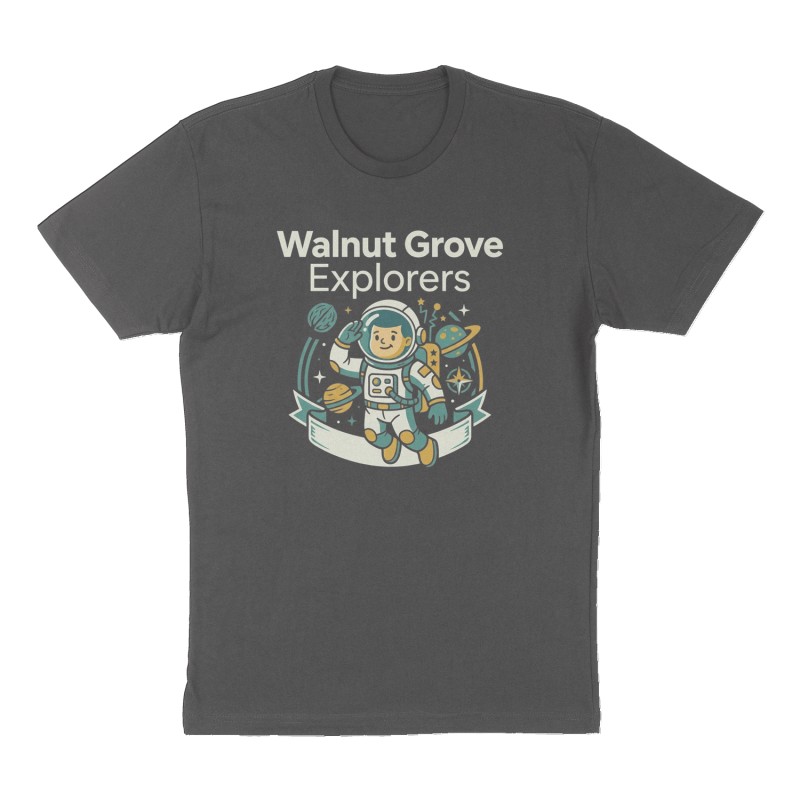 Custom t-shirt: "Walnut Grove Explorers", Front print, charcoal shirt