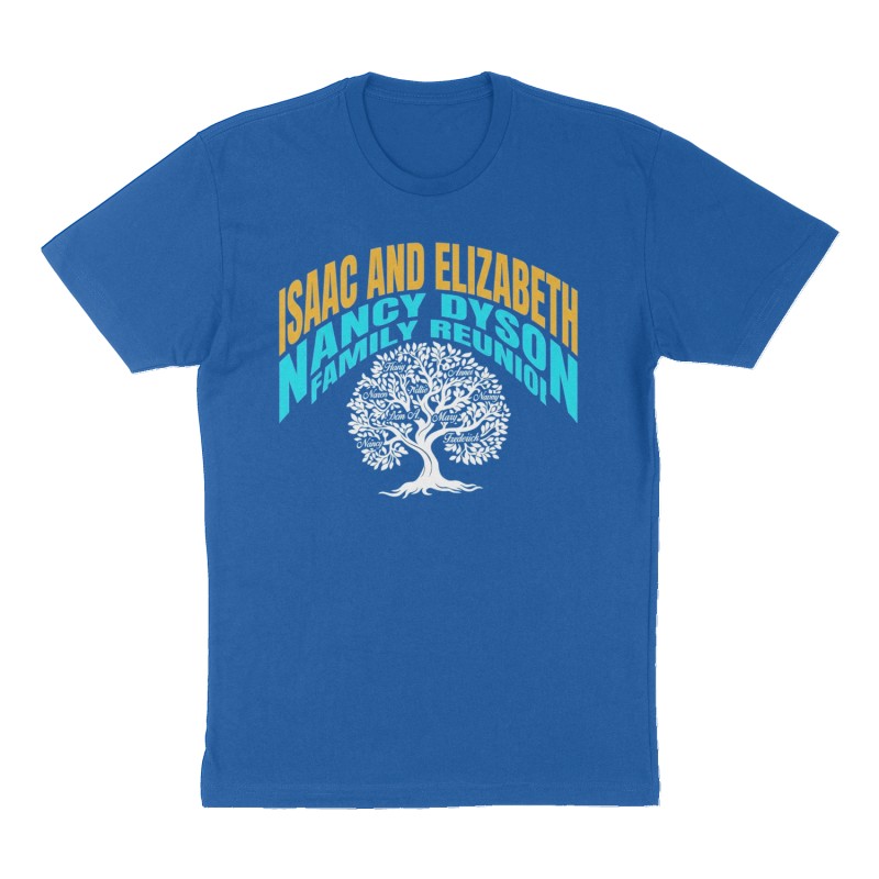 Custom t-shirt: "Issac and Elizabeth Nancy Dyson Family Reunion", Front print, royal-blue shirt