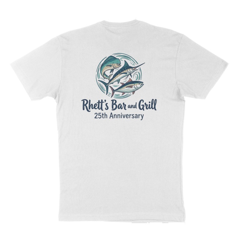 Custom t-shirt: "Rhett’s Bar and Grill", Back print, white shirt