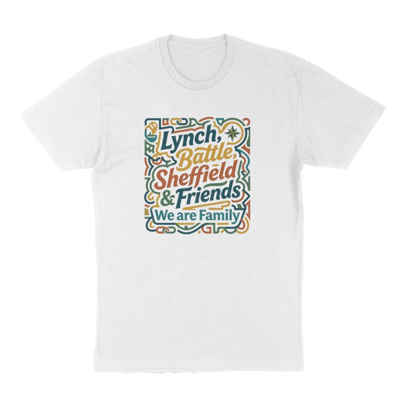 Custom t-shirt: "Lynch, Battle, Sheffield & Friends", Front print, white shirt