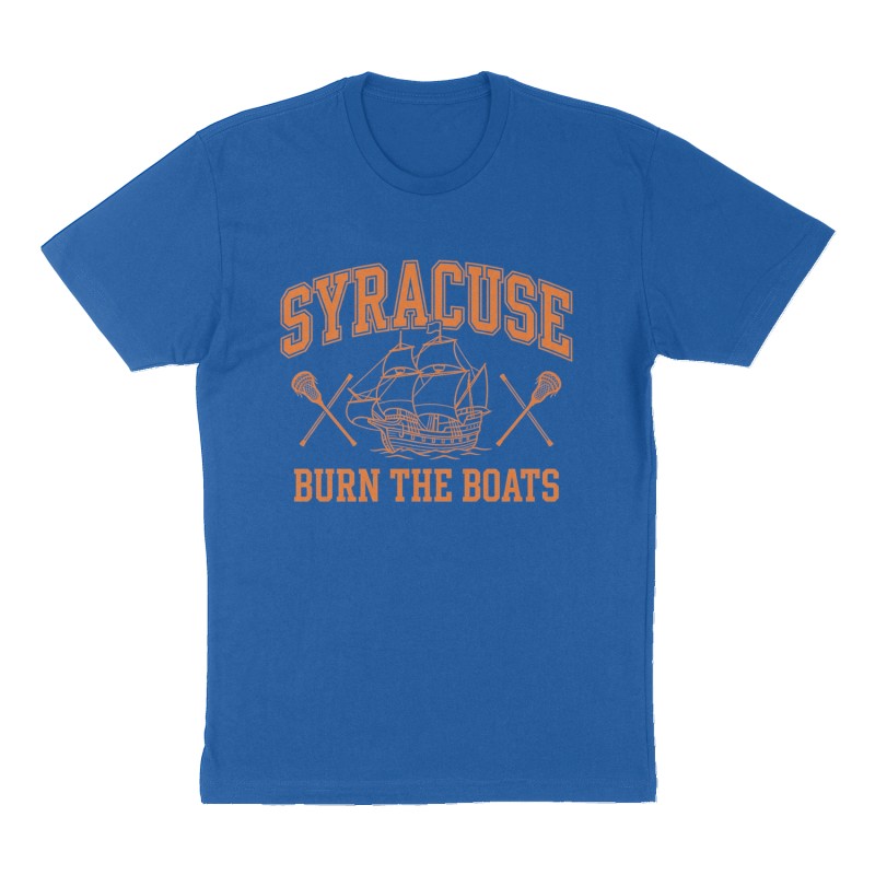 Custom t-shirt: "Burn The Boats", Front print, royal-blue shirt