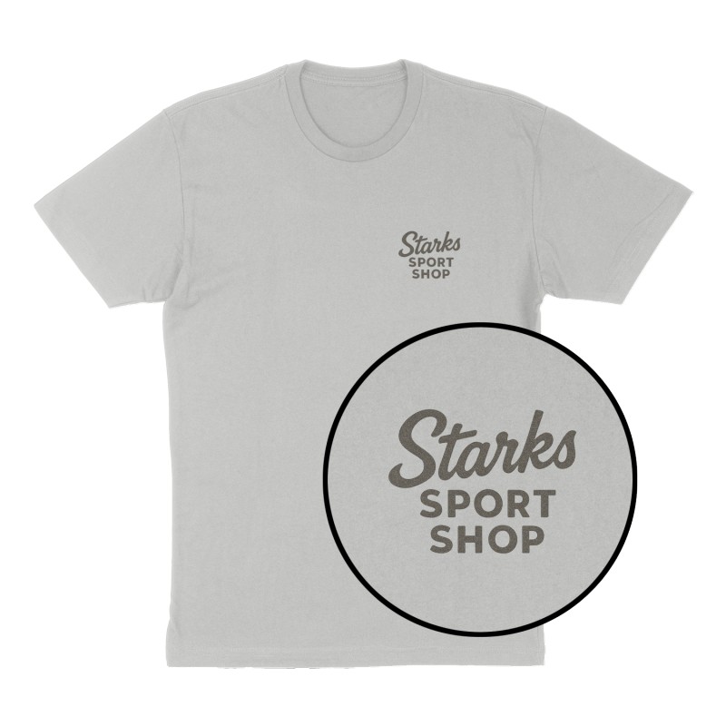 Custom t-shirt: "Starks Sport Shop", Left Chest print, heather-gray shirt