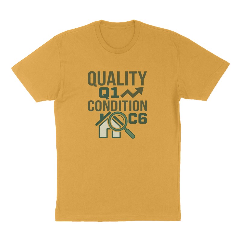 Custom t-shirt: "Quality Q1 Condition C6", Front print, mustard-yellow shirt