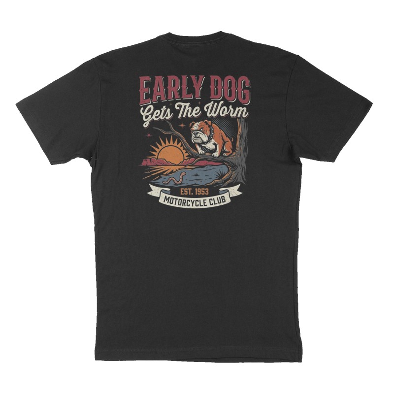 Custom t-shirt: "Early Dog Gets The Worm", Back print, black shirt