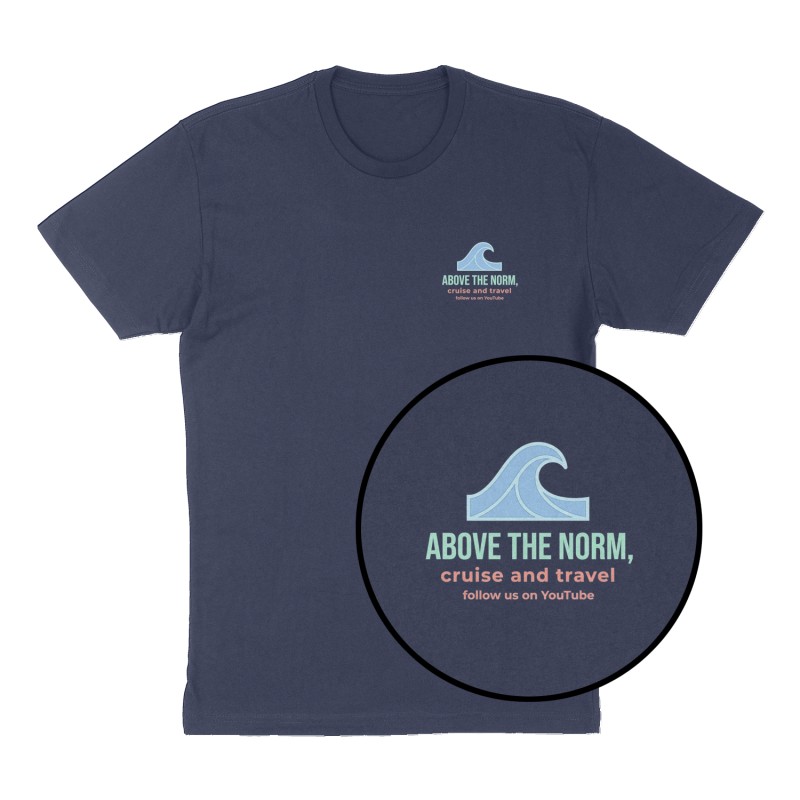 Custom t-shirt: "Above the norm, cruise and travel follow us on YouTube", Left Chest print, navy shirt