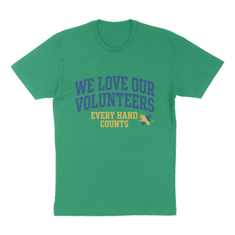 Custom t-shirt: "We Love Our Volunteers", Front print, green shirt