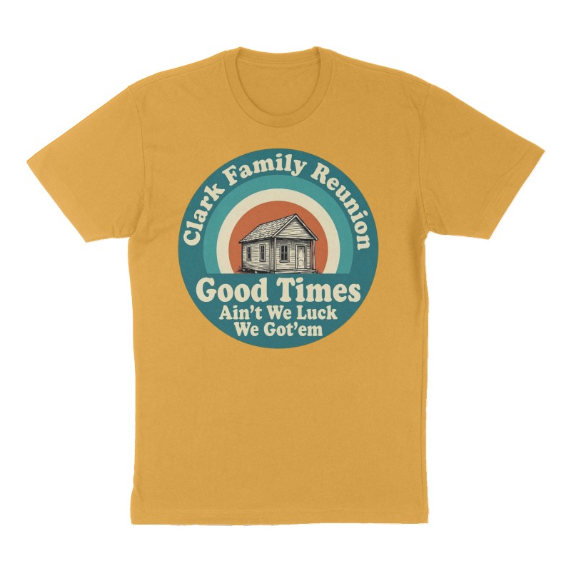 Custom t-shirt: "Clark Family Reunion", mustard-yellow shirt