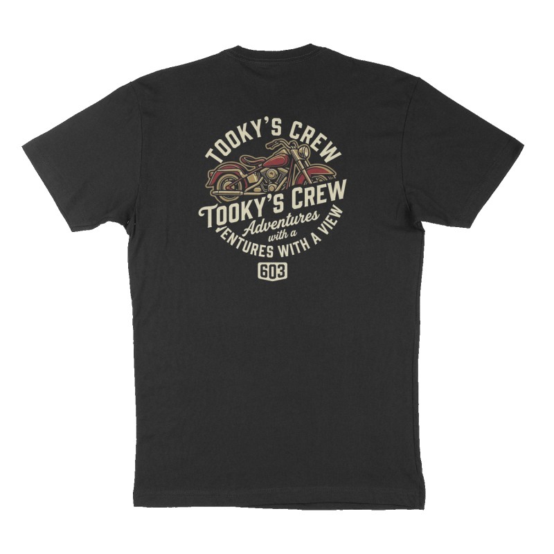 Custom t-shirt: "Tooky's Crew Adventures with a View", Back print, black shirt