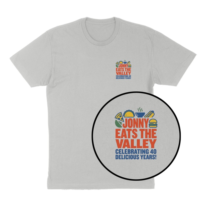 Custom t-shirt: "Jonny Eats the Valley", Left Chest print, heather-gray shirt