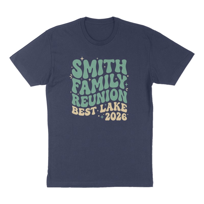 Custom t-shirt: "Smith family reunion", Front print, navy shirt